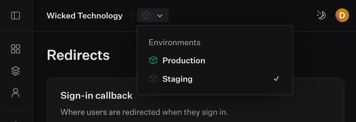 WorkOS environment selector showing Production and Staging options.